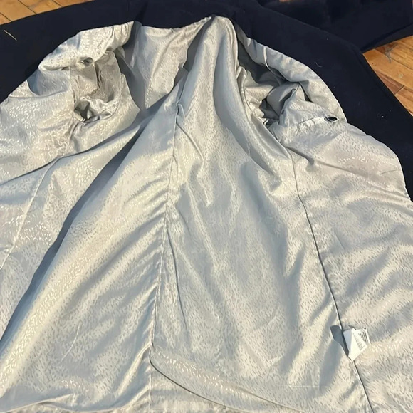 Vintage navy blue wool blend pea coat with attached fur lined balaclava - Picture 7 of 8